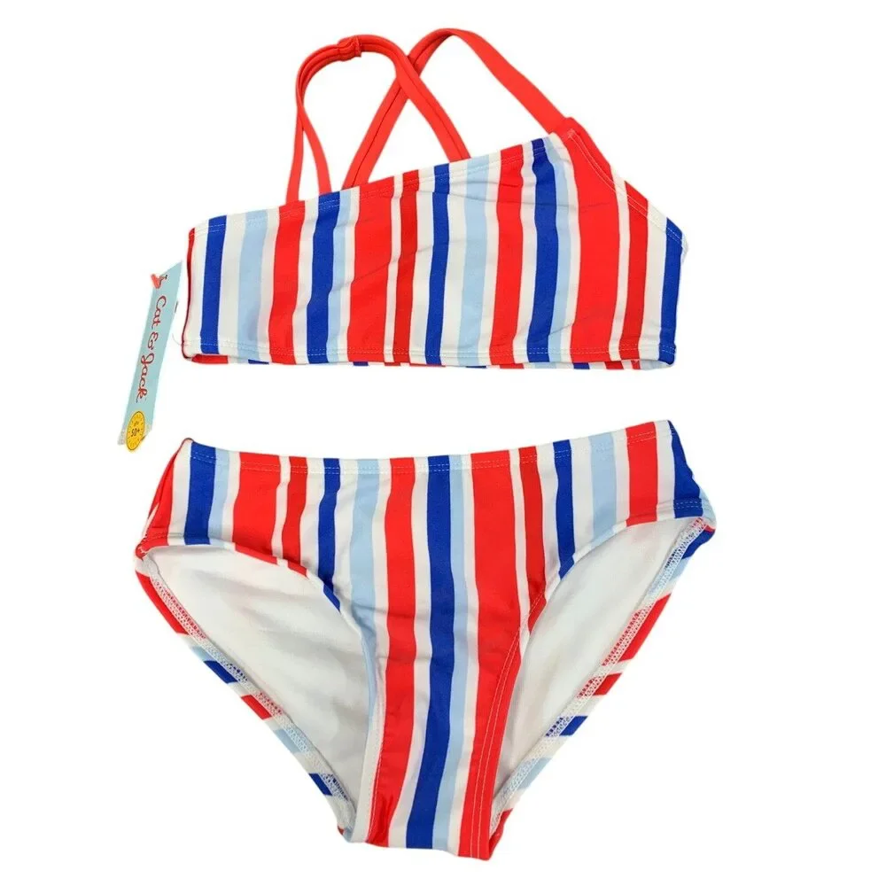 New Cat & Jack Girls Small (6/7) UPF 50+ Asymetrical Stripe Bikini 2PC Swimsuit